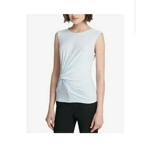 675 NEW LARGE DKNY Light Blue Crew Neck Twist Side Knot Sleeveless Blouse Top